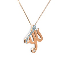 Taşlı Allah Yazılı Kolye - Akuamarin ve swarovski 8 ayar rose altın kolye (40 cm rose altın rolo zincir) #th6mha