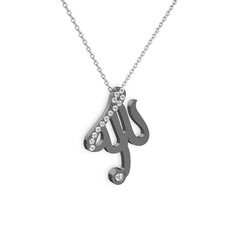 Taşlı Allah Yazılı Kolye - Beyaz zirkon ve swarovski 925 ayar siyah rodyum kaplama gümüş kolye (40 cm beyaz altın rolo zincir) #vuukdp