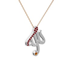 Taşlı Allah Yazılı Kolye - Garnet ve sitrin 18 ayar beyaz altın kolye (40 cm rose altın rolo zincir) #xj1poh