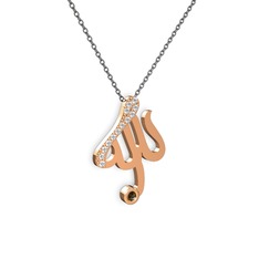 Taşlı Allah Yazılı Kolye - Beyaz zirkon ve dumanlı kuvars 14 ayar rose altın kolye (40 cm gümüş rolo zincir) #z27zin