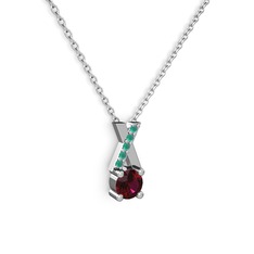 Taşlı Daire X kolye - Rodolit garnet ve kök zümrüt 18 ayar beyaz altın kolye (40 cm beyaz altın rolo zincir) #10d337a
