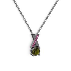 Taşlı Daire X kolye - Peridot ve rodolit garnet 925 ayar siyah rodyum kaplama gümüş kolye (40 cm gümüş rolo zincir) #10p9sdr