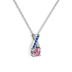 Pembe kuvars ve lab safir 18 ayar beyaz altın kolye (40 cm beyaz altın rolo zincir)