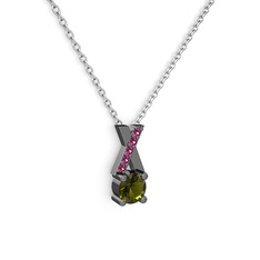 Taşlı Daire X kolye - Peridot ve rodolit garnet 925 ayar siyah rodyum kaplama gümüş kolye (40 cm beyaz altın rolo zincir) #11alfxk