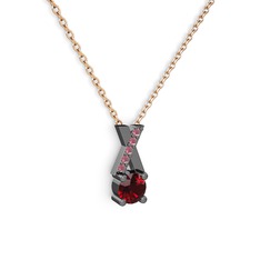 Taşlı Daire X kolye - Garnet ve kök yakut 925 ayar siyah rodyum kaplama gümüş kolye (40 cm rose altın rolo zincir) #11n1rgn