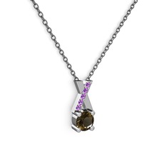 Taşlı Daire X kolye - Dumanlı kuvars ve ametist 925 ayar gümüş kolye (40 cm gümüş rolo zincir) #12l4gbe