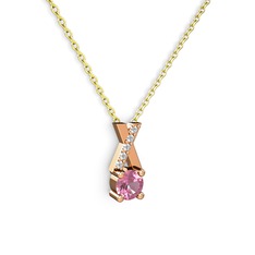 Taşlı Daire X kolye - Pembe kuvars ve pırlanta 925 ayar rose altın kaplama gümüş kolye (0.075 karat, 40 cm altın rolo zincir) #1360shj
