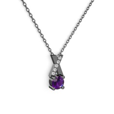 Taşlı Daire X kolye - Ametist ve swarovski 925 ayar siyah rodyum kaplama gümüş kolye (40 cm gümüş rolo zincir) #13q26hs
