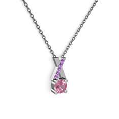 Taşlı Daire X kolye - Pembe kuvars ve ametist 18 ayar beyaz altın kolye (40 cm gümüş rolo zincir) #1653ewl