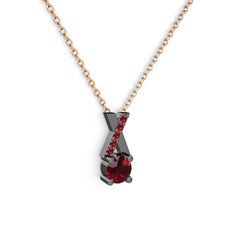 Taşlı Daire X kolye - Garnet 925 ayar siyah rodyum kaplama gümüş kolye (40 cm rose altın rolo zincir) #17cehp5
