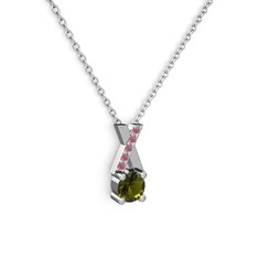 Peridot ve kök yakut 14 ayar beyaz altın kolye (40 cm beyaz altın rolo zincir)