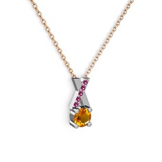 Taşlı Daire X kolye - Sitrin ve rodolit garnet 18 ayar beyaz altın kolye (40 cm rose altın rolo zincir) #18xsad8