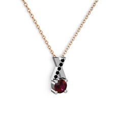 Taşlı Daire X kolye - Rodolit garnet ve siyah zirkon 14 ayar beyaz altın kolye (40 cm gümüş rolo zincir) #19woa1c