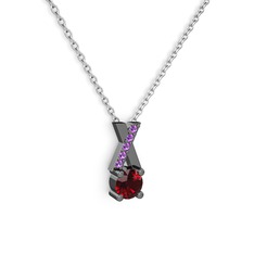 Garnet ve ametist 925 ayar siyah rodyum kaplama gümüş kolye (40 cm gümüş rolo zincir)