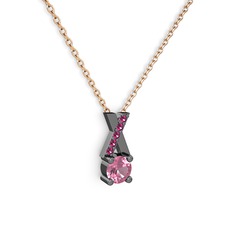 Taşlı Daire X kolye - Pembe kuvars ve rodolit garnet 925 ayar siyah rodyum kaplama gümüş kolye (40 cm rose altın rolo zincir) #1bl47h0
