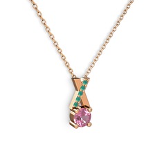Taşlı Daire X kolye - Pembe kuvars ve kök zümrüt 18 ayar rose altın kolye (40 cm rose altın rolo zincir) #1cmlki7
