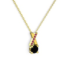 Taşlı Daire X kolye - Siyah zirkon ve rodolit garnet 18 ayar altın kolye (40 cm altın rolo zincir) #1dphgwc