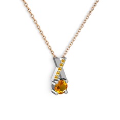 Taşlı Daire X kolye - Sitrin 18 ayar beyaz altın kolye (40 cm rose altın rolo zincir) #1guls3l