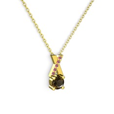 Taşlı Daire X kolye - Dumanlı kuvars ve kök yakut 8 ayar altın kolye (40 cm altın rolo zincir) #1h4yezg