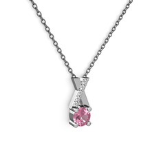 Taşlı Daire X kolye - Pembe kuvars ve swarovski 8 ayar beyaz altın kolye (40 cm gümüş rolo zincir) #1hk8fa7