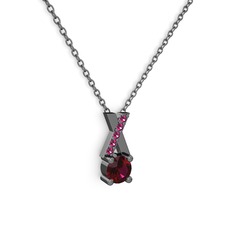 Taşlı Daire X kolye - Rodolit garnet 925 ayar siyah rodyum kaplama gümüş kolye (40 cm gümüş rolo zincir) #1klnads