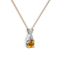 Taşlı Daire X kolye - Sitrin ve pırlanta 14 ayar beyaz altın kolye (0.075 karat, 40 cm rose altın rolo zincir) #1lzxb53