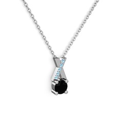 Taşlı Daire X kolye - Siyah zirkon ve akuamarin 925 ayar gümüş kolye (40 cm beyaz altın rolo zincir) #1m3sxd2
