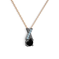 Taşlı Daire X kolye - Siyah zirkon ve akuamarin 925 ayar siyah rodyum kaplama gümüş kolye (40 cm rose altın rolo zincir) #1nv611c