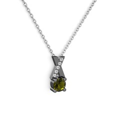 Taşlı Daire X kolye - Peridot ve pırlanta 925 ayar siyah rodyum kaplama gümüş kolye (0.075 karat, 40 cm beyaz altın rolo zincir) #1om60ze