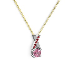 Pembe kuvars ve garnet 18 ayar beyaz altın kolye (40 cm gümüş rolo zincir)