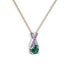 Yeşil kuvars ve ametist 14 ayar beyaz altın kolye (40 cm gümüş rolo zincir)