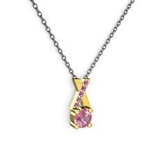 Pembe kuvars ve ametist 8 ayar altın kolye (40 cm gümüş rolo zincir)