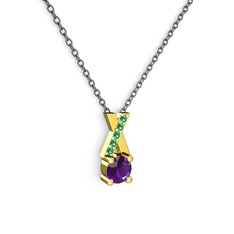 Taşlı Daire X kolye - Ametist ve yeşil kuvars 8 ayar altın kolye (40 cm gümüş rolo zincir) #1u9r8xx
