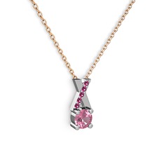 Taşlı Daire X kolye - Pembe kuvars ve rodolit garnet 18 ayar beyaz altın kolye (40 cm rose altın rolo zincir) #1vc18it