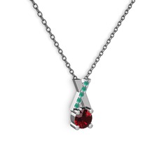 Taşlı Daire X kolye - Garnet ve kök zümrüt 18 ayar beyaz altın kolye (40 cm gümüş rolo zincir) #1vlautr