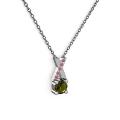 Peridot ve kök yakut 14 ayar beyaz altın kolye (40 cm gümüş rolo zincir)