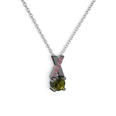 Taşlı Daire X kolye - Peridot ve kök yakut 925 ayar siyah rodyum kaplama gümüş kolye (40 cm gümüş rolo zincir) #33dgmh