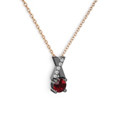 Taşlı Daire X kolye - Garnet ve pırlanta 925 ayar siyah rodyum kaplama gümüş kolye (0.075 karat, 40 cm rose altın rolo zincir) #4n7oly