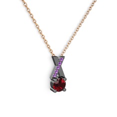 Taşlı Daire X kolye - Garnet ve ametist 925 ayar siyah rodyum kaplama gümüş kolye (40 cm rose altın rolo zincir) #5swruj