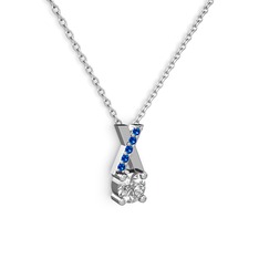 Taşlı Daire X kolye - Swarovski ve lab safir 14 ayar beyaz altın kolye (40 cm beyaz altın rolo zincir) #6sipte
