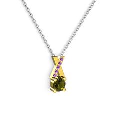 Peridot ve ametist 14 ayar altın kolye (40 cm gümüş rolo zincir)