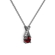 Taşlı Daire X kolye - Garnet ve pırlanta 925 ayar siyah rodyum kaplama gümüş kolye (0.075 karat, 40 cm gümüş rolo zincir) #8m1w1s