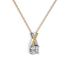 Taşlı Daire X kolye - Swarovski ve sitrin 8 ayar beyaz altın kolye (40 cm rose altın rolo zincir) #8u4snd
