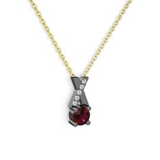Taşlı Daire X kolye - Rodolit garnet ve pırlanta 925 ayar siyah rodyum kaplama gümüş kolye (0.075 karat, 40 cm altın rolo zincir) #9lttg7