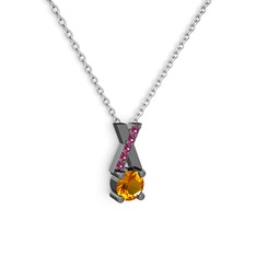 Sitrin ve rodolit garnet 925 ayar siyah rodyum kaplama gümüş kolye (40 cm gümüş rolo zincir)
