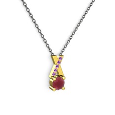 Taşlı Daire X kolye - Kök yakut ve ametist 8 ayar altın kolye (40 cm gümüş rolo zincir) #ae3zd6