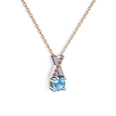 Taşlı Daire X kolye - Akuamarin ve kök yakut 18 ayar beyaz altın kolye (40 cm rose altın rolo zincir) #af89m7