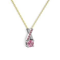 Taşlı Daire X kolye - Pembe kuvars ve kök yakut 14 ayar beyaz altın kolye (40 cm altın rolo zincir) #ah65tw
