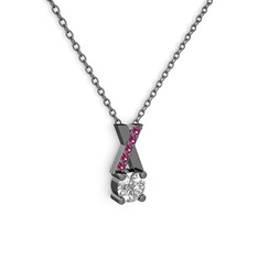 Taşlı Daire X kolye - Beyaz zirkon ve rodolit garnet 925 ayar siyah rodyum kaplama gümüş kolye (40 cm gümüş rolo zincir) #bxlsx4