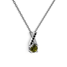 Peridot ve siyah zirkon 8 ayar beyaz altın kolye (40 cm gümüş rolo zincir)